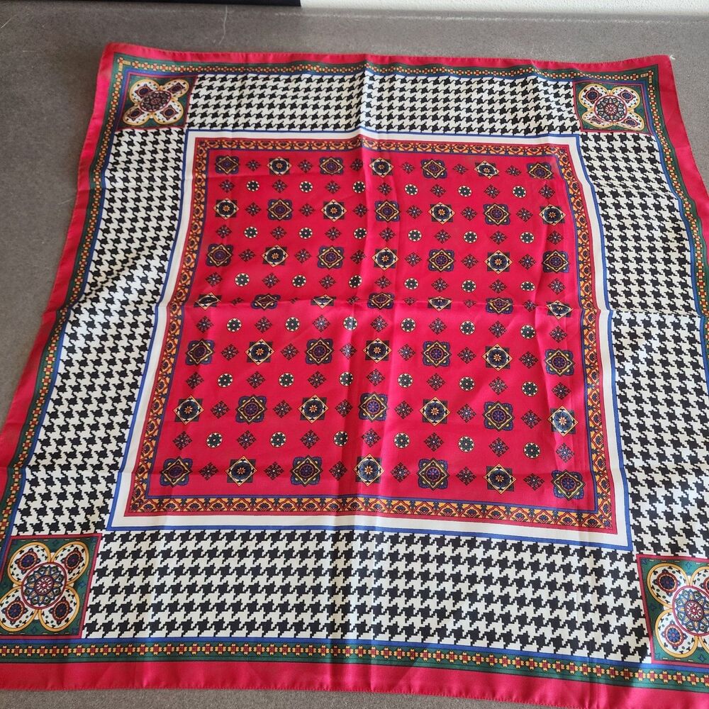 Vintage Avon Italian Style Square Scarf Red Black Houndstooth Medallion 30"x30"